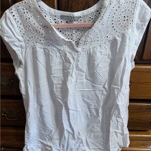 White Cap Sleeve Blouse with Hole Patterned Collar